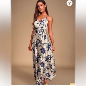 Lulus Navy Blue Floral Print Satin Maxi Dress
